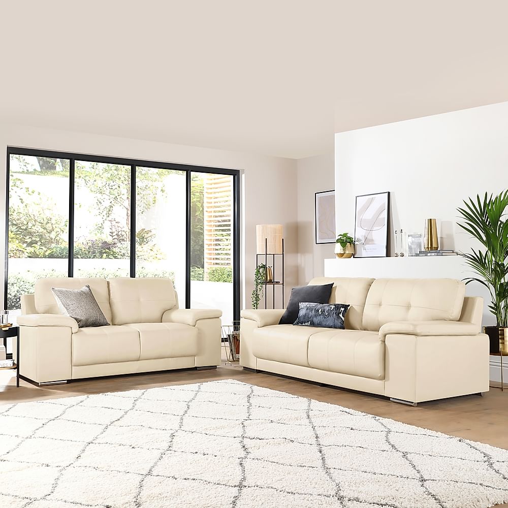 Kansas 3+2 Seater Sofa Set, Ivory Premium Faux Leather