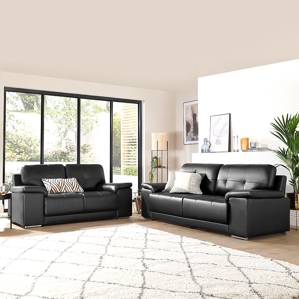 Kansas 3+2 Seater Sofa Set, Black Premium Faux Leather