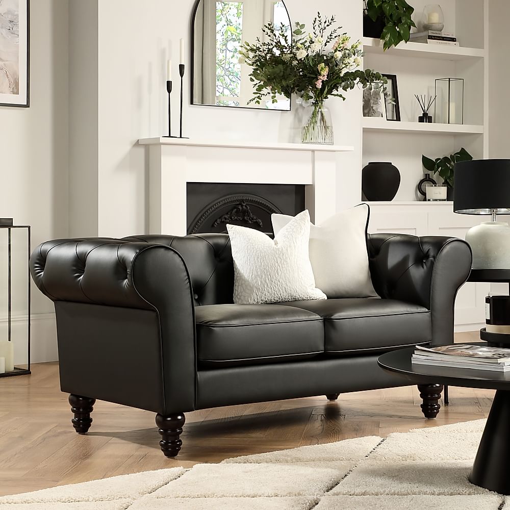 Oakham 2 Seater Chesterfield Sofa, Black Premium Faux Leather