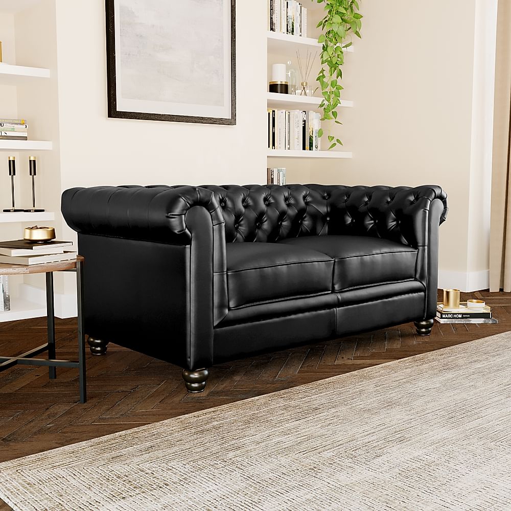 Hampton 2 Seater Chesterfield Sofa, Black Classic Faux Leather