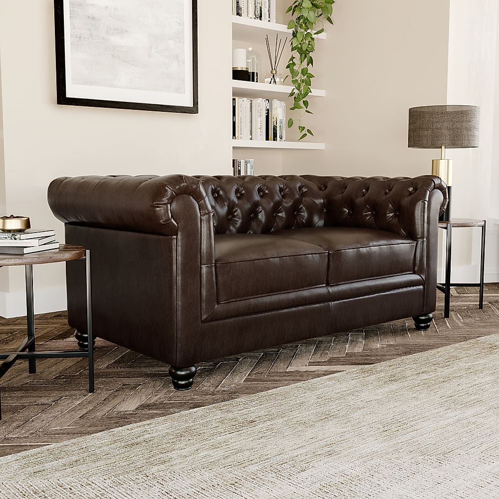 Hampton 2 Seater Chesterfield Sofa, Antique Chestnut Premium Faux Leather