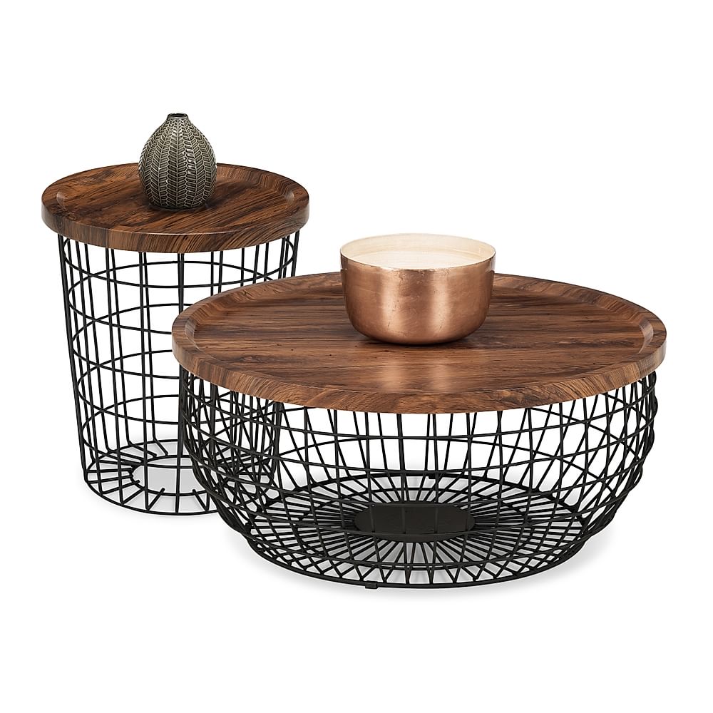 Lancaster Round Walnut And Black Metal, Coffee And Side Table Set With Storage