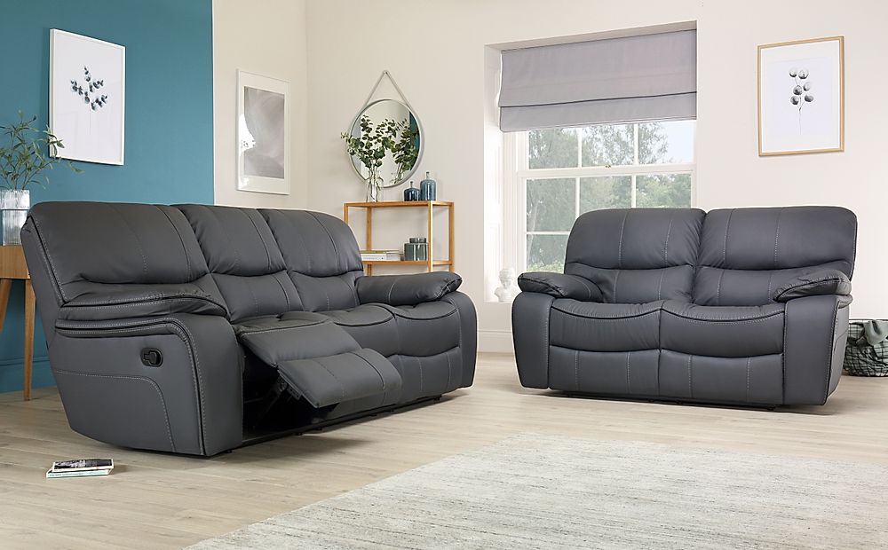 2 Seater Recliner Sofa Set, Grey Leather Sofa And 2 Chairs Set