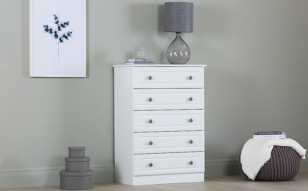 Pembroke Chest of Drawers, 5 Drawer, White Wood Effect
