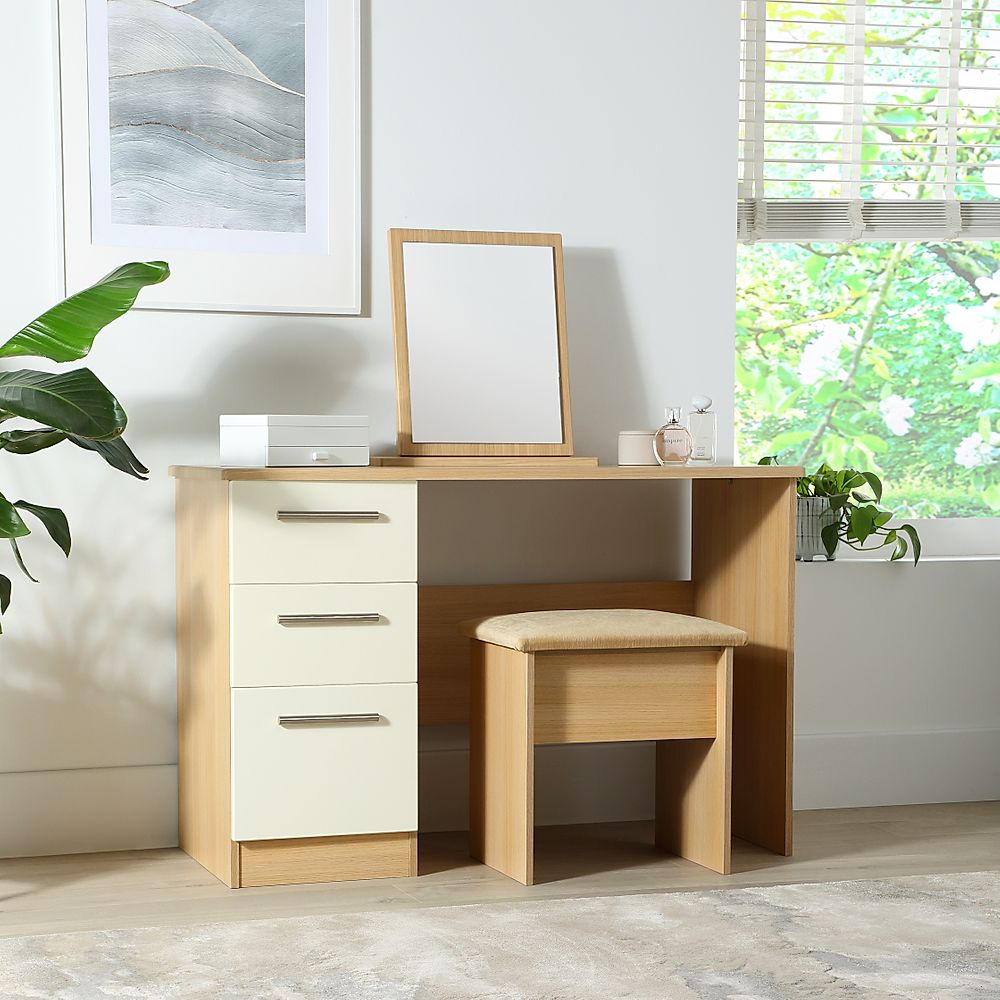 Knightsbridge Dressing Table, 3 Drawer, Cream High Gloss & Natural Oak Effect