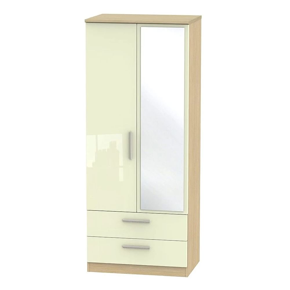 Knightsbridge Wardrobe with Mirror, 2 Door 2 Drawer, Cream High Gloss & Natural Oak Effect