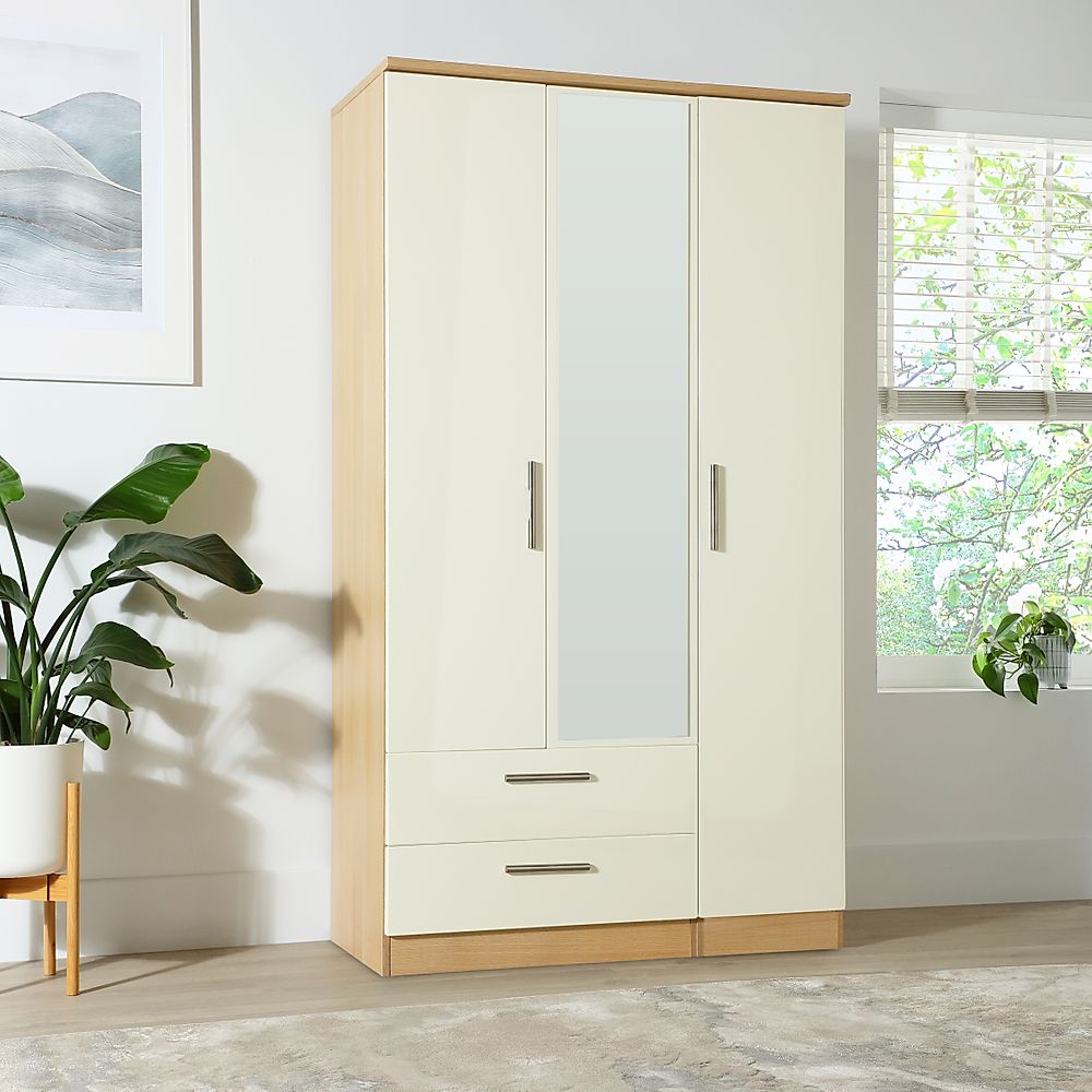 Knightsbridge Wardrobe with Mirror, 3 Door 2 Drawer, Cream High Gloss & Natural Oak Effect