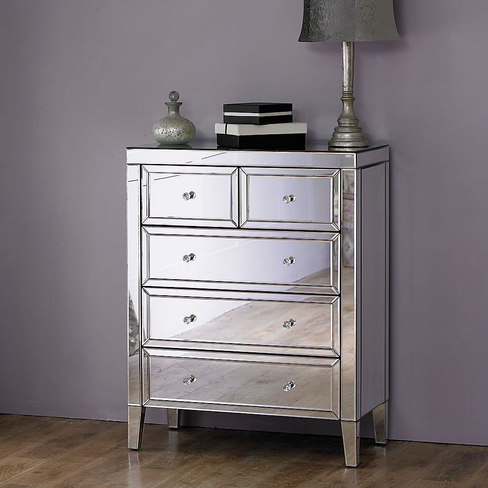 Valencia Mirrored 5 Drawer Chest Of, Mirrored Chester Drawers Furniture