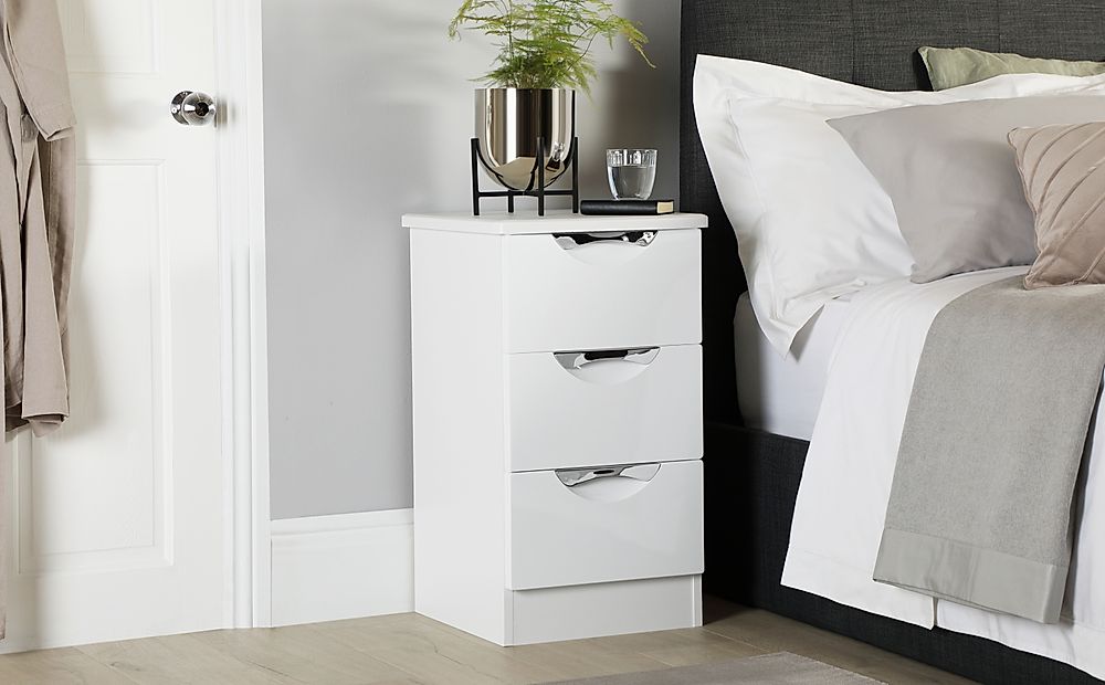 Camden Bedside Table, 3 Drawer, White High Gloss & White Finish