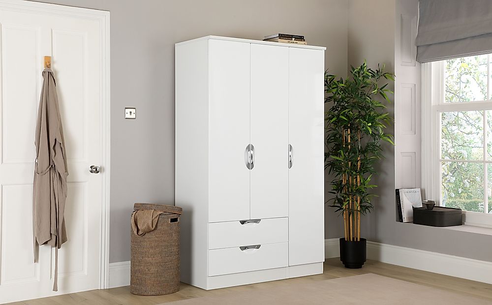 Camden Wardrobe, 3 Door 2 Drawer, White High Gloss & White Finish