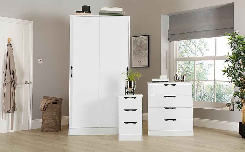 Camden 3 Piece 2 Door Wardrobe Bedroom Furniture Set, White High Gloss, White Finish