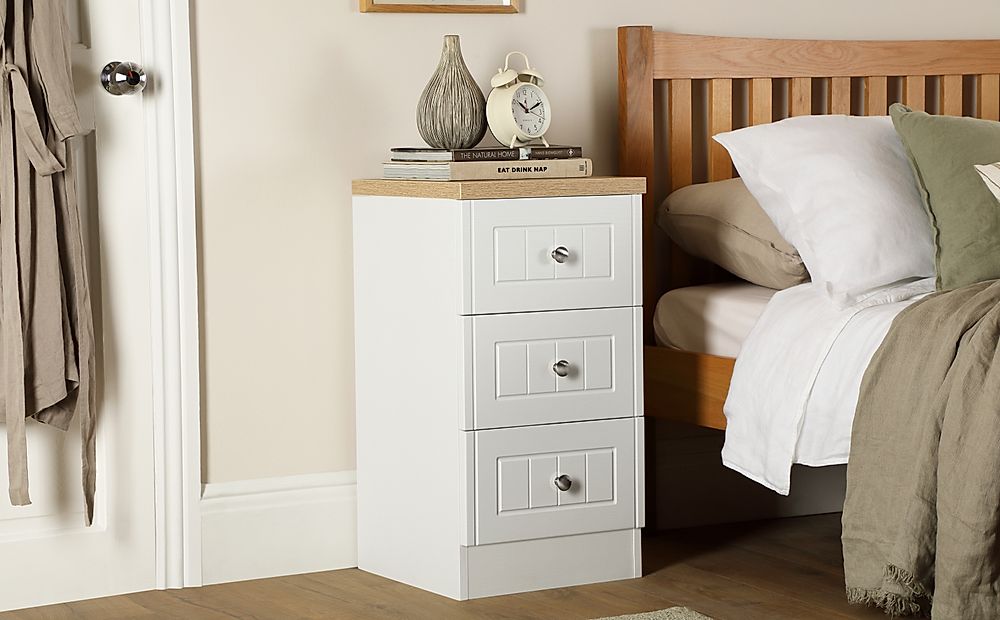 Vienna Bedside Table, 3 Drawer, White Wood Effect & Natural Oak Effect