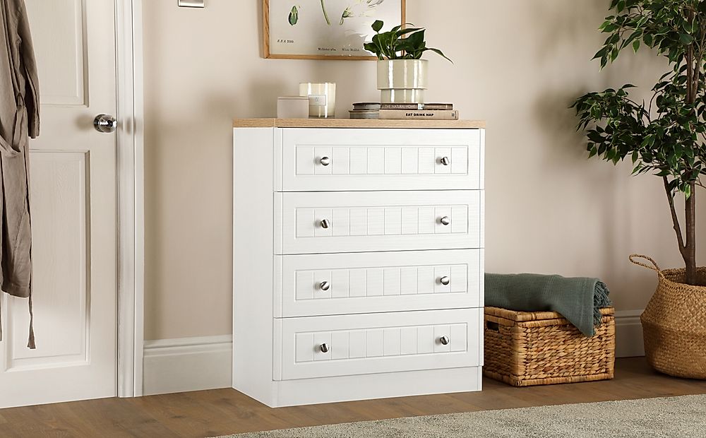 Vienna Chest of Drawers, 4 Drawer, White Wood Effect & Natural Oak Effect