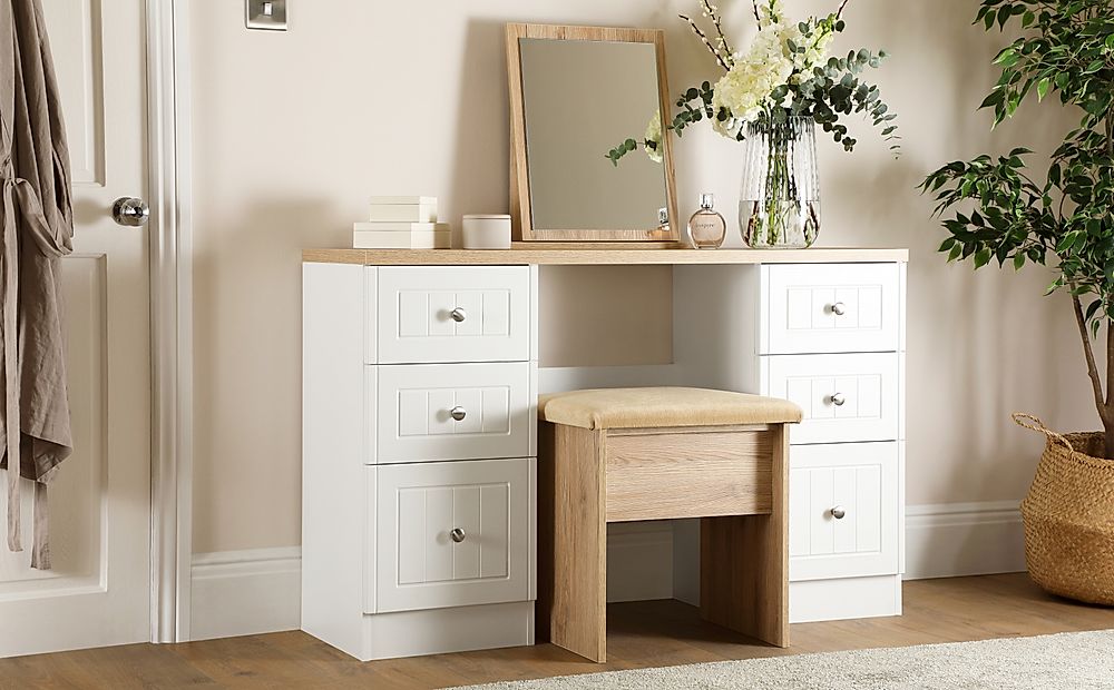 Vienna Dressing Table, Stool and Mirror Set, 6 Drawer, White Wood Effect, Natural Oak Effect