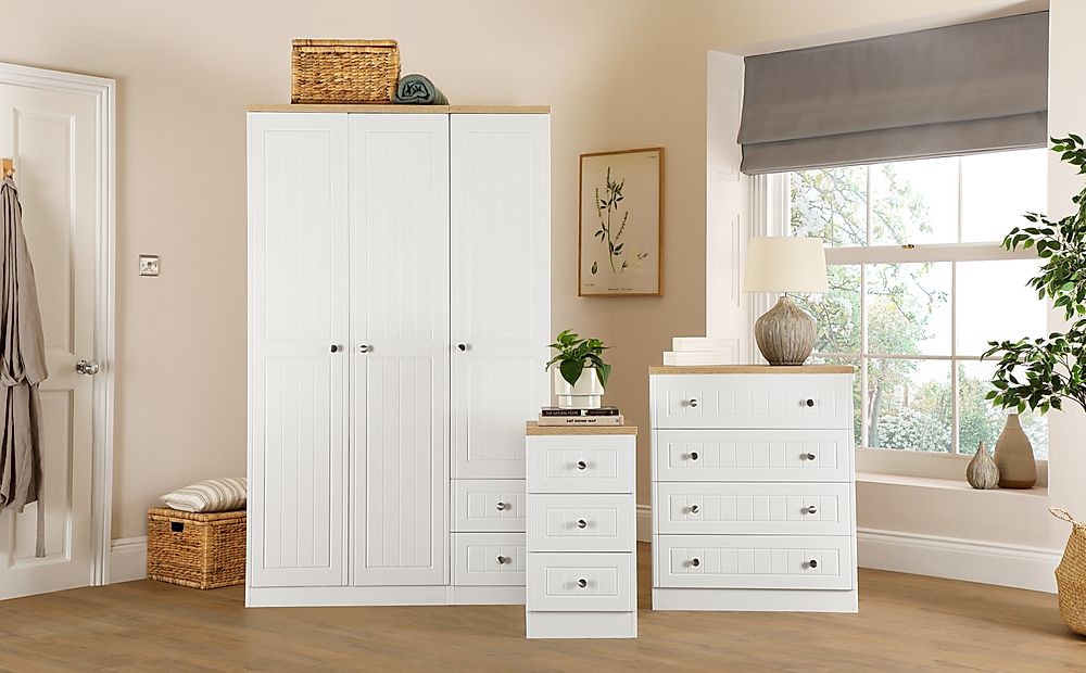 Vienna 3 Piece 3 Door Wardrobe Bedroom Furniture Set, White Wood Effect, Natural Oak Effect