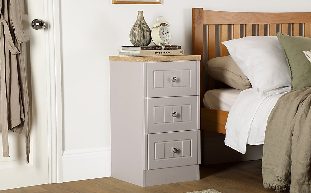 Vienna Bedside Table, 3 Drawer, Stone Grey Wood Effect & Natural Oak Effect