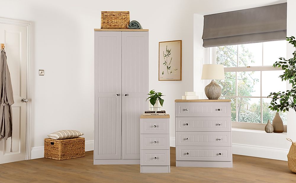 Vienna 3 Piece 2 Door Wardrobe Bedroom Furniture Set, Stone Grey Wood Effect, Natural Oak Effect