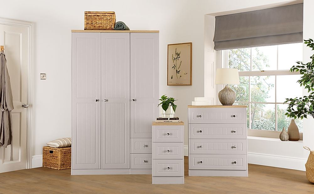 Vienna 3 Piece 3 Door Wardrobe Bedroom Furniture Set, Stone Grey Wood Effect, Natural Oak Effect