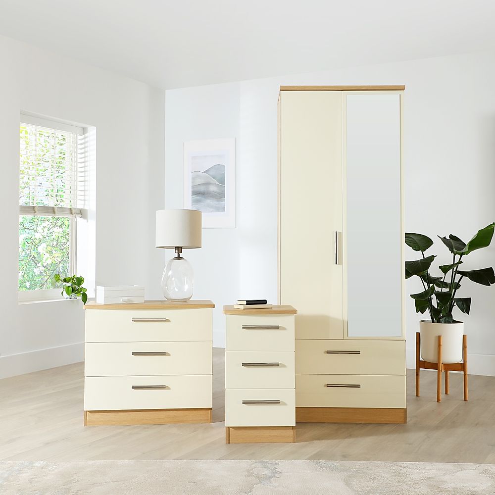 Knightsbridge 3 Piece 2 Door Wardrobe Bedroom Furniture Set, Cream High Gloss, Natural Oak Effect