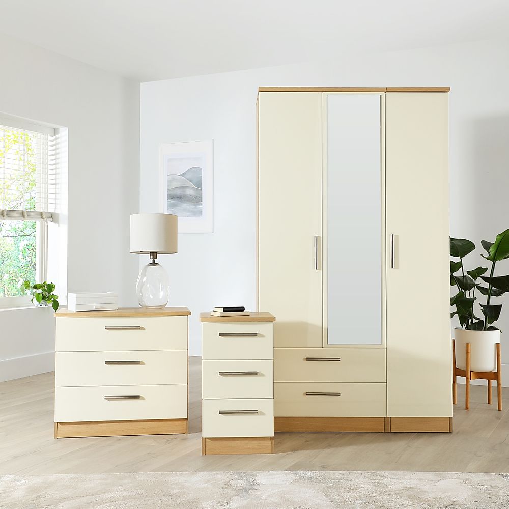 Knightsbridge 3 Piece 3 Door Wardrobe Bedroom Furniture Set, Cream High Gloss, Natural Oak Effect