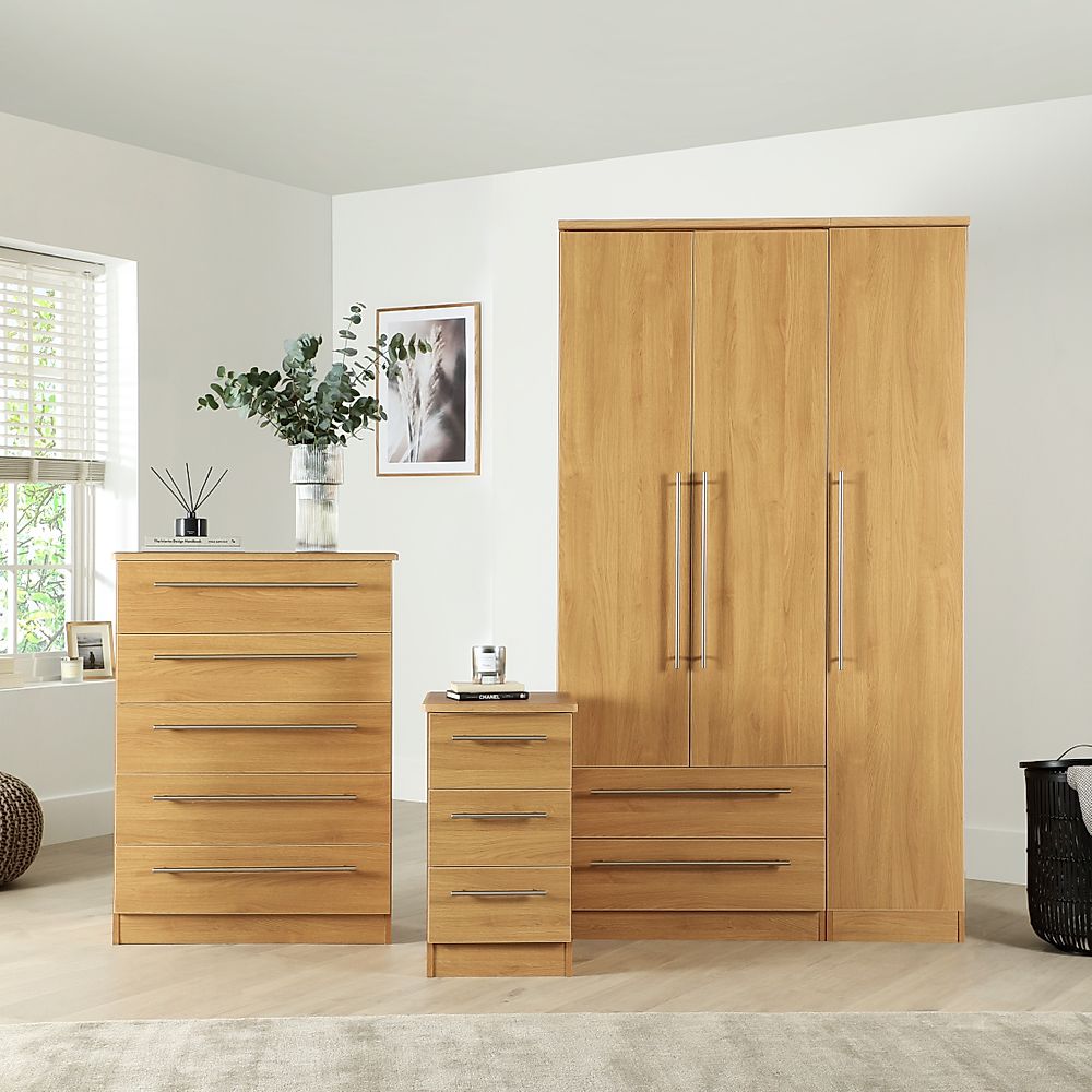 Sherwood 3 Piece 3 Door Wardrobe Bedroom Furniture Set, Natural Oak Effect