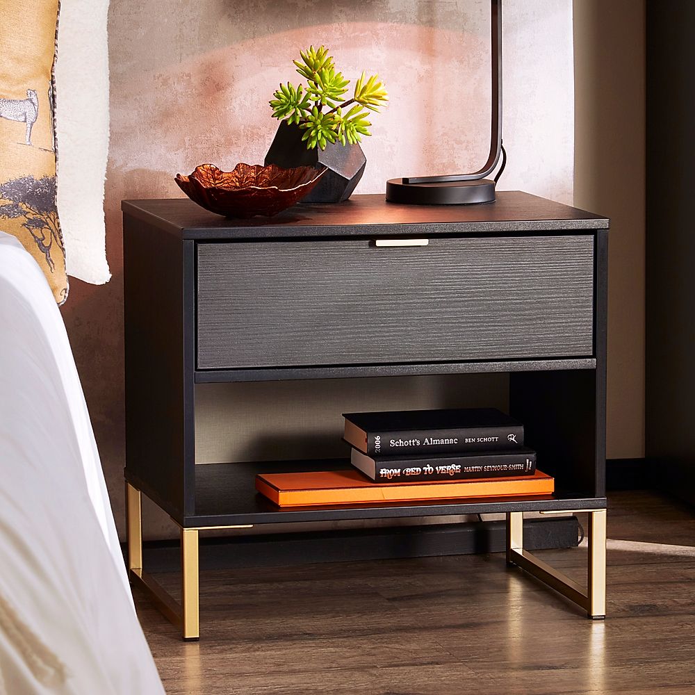 Loft Bedside Table, 1 Drawer, Black Wood Effect