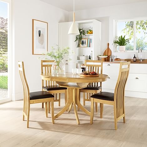 Hudson Round Extending Dining Table & 6 Bali Chairs, Natural Oak Finished Solid Hardwood, Brown Classic Faux Leather, 90-120cm