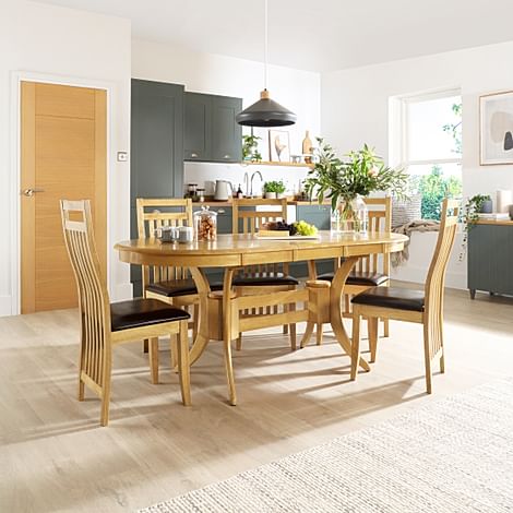 Townhouse Oval Extending Dining Table & 4 Bali Chairs, Natural Oak Finished Solid Hardwood, Brown Classic Faux Leather, 150-180cm