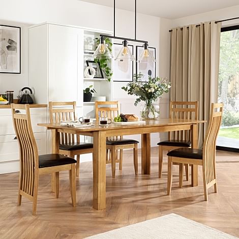 Bali Extending Dining Table & 4 Bali Chairs, Natural Oak Finished Solid Hardwood, Brown Classic Faux Leather, 150-180cm