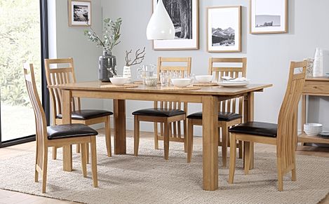 Bali Extending Dining Table & 6 Bali Chairs, Natural Oak Finished Solid Hardwood, Brown Classic Faux Leather, 150-180cm