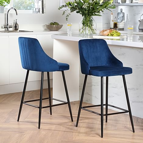 Lisbon Bar Stool, Blue Classic Velvet & Black Steel