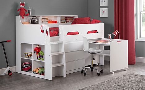 Saturn White Midsleeper with Storage and Desk Single