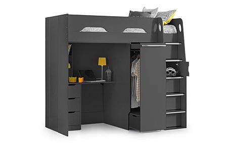 Vega Dark Grey Wardrobe Highsleeper with Storage and Desk Single