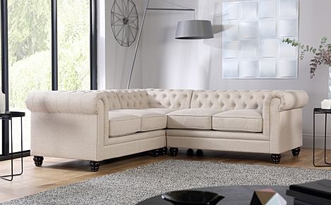 Hampton Chesterfield Corner Sofa, Oatmeal Classic Linen-Weave Fabric
