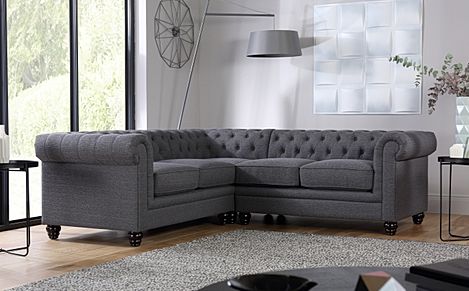 Hampton Chesterfield Corner Sofa, Slate Grey Classic Linen-Weave Fabric