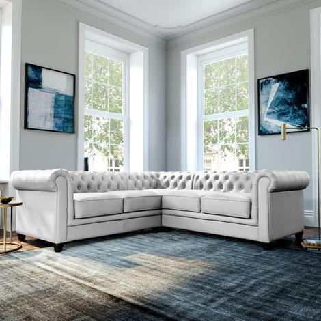 Hampton Chesterfield Corner Sofa, Light Grey Classic Faux Leather