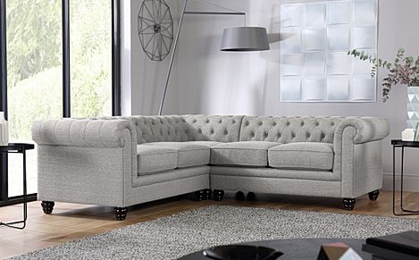 Hampton Chesterfield Corner Sofa, Light Grey Classic Linen-Weave Fabric