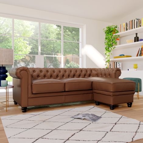 Hampton Chesterfield L-Shape Corner Sofa, Tan Classic Faux Leather
