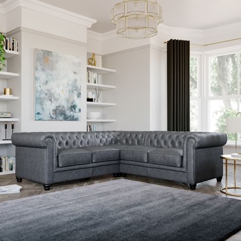 Hampton Chesterfield Corner Sofa, Vintage Grey Classic Faux Leather