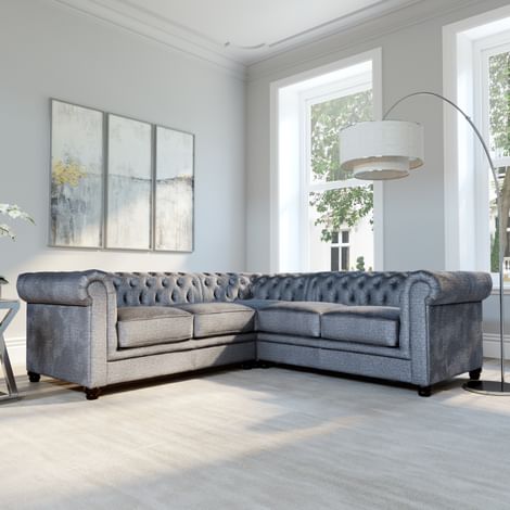 Hampton Chesterfield Corner Sofa, Grey Aura Velvet