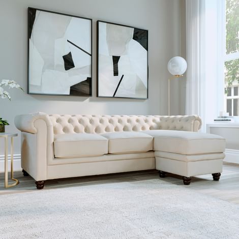 Hampton Chesterfield L-Shape Corner Sofa, Ivory Classic Plush Fabric