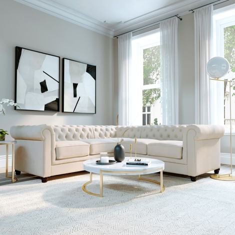 Hampton Chesterfield Corner Sofa, Ivory Classic Plush Fabric