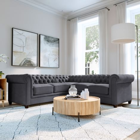 Hampton Chesterfield Corner Sofa Slate Grey Classic Plush Fabric