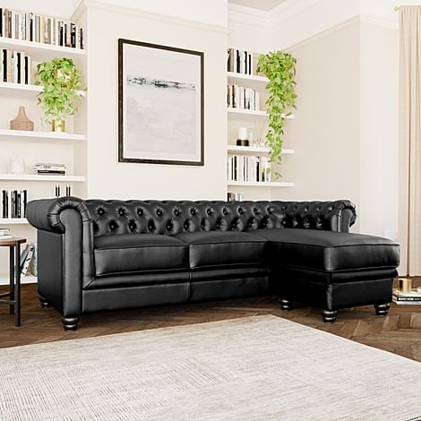 Hampton Chesterfield L-Shape Corner Sofa, Black Premium Faux Leather