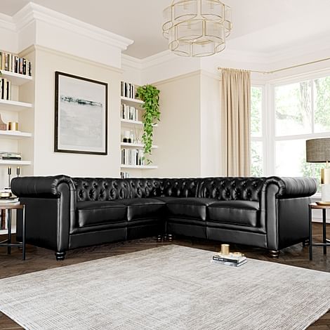 Hampton Chesterfield Corner Sofa, Black Classic Faux Leather