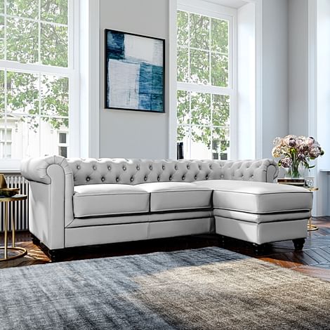 Hampton Chesterfield L-Shape Corner Sofa, Light Grey Premium Faux Leather