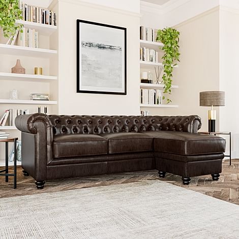 Hampton Chesterfield L-Shape Corner Sofa, Antique Chestnut Premium Faux Leather