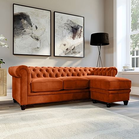 Hampton Chesterfield L-Shape Corner Sofa, Burnt Orange Classic Velvet