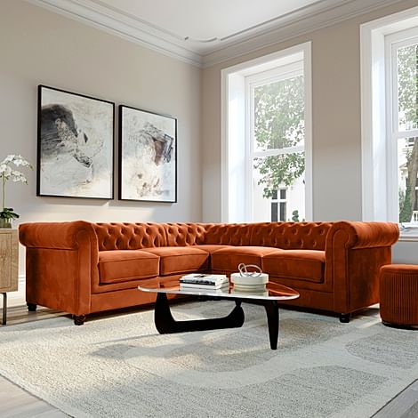 Hampton Chesterfield Corner Sofa, Burnt Orange Classic Velvet
