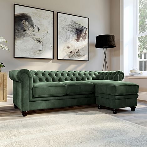 Hampton Chesterfield L-Shape Corner Sofa, Moss Green Classic Velvet